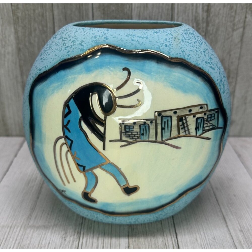 Vtg BJ Gore San Jon New Mexico SW Pottery Vase Matte Glossy Kokopelli  7"x6"